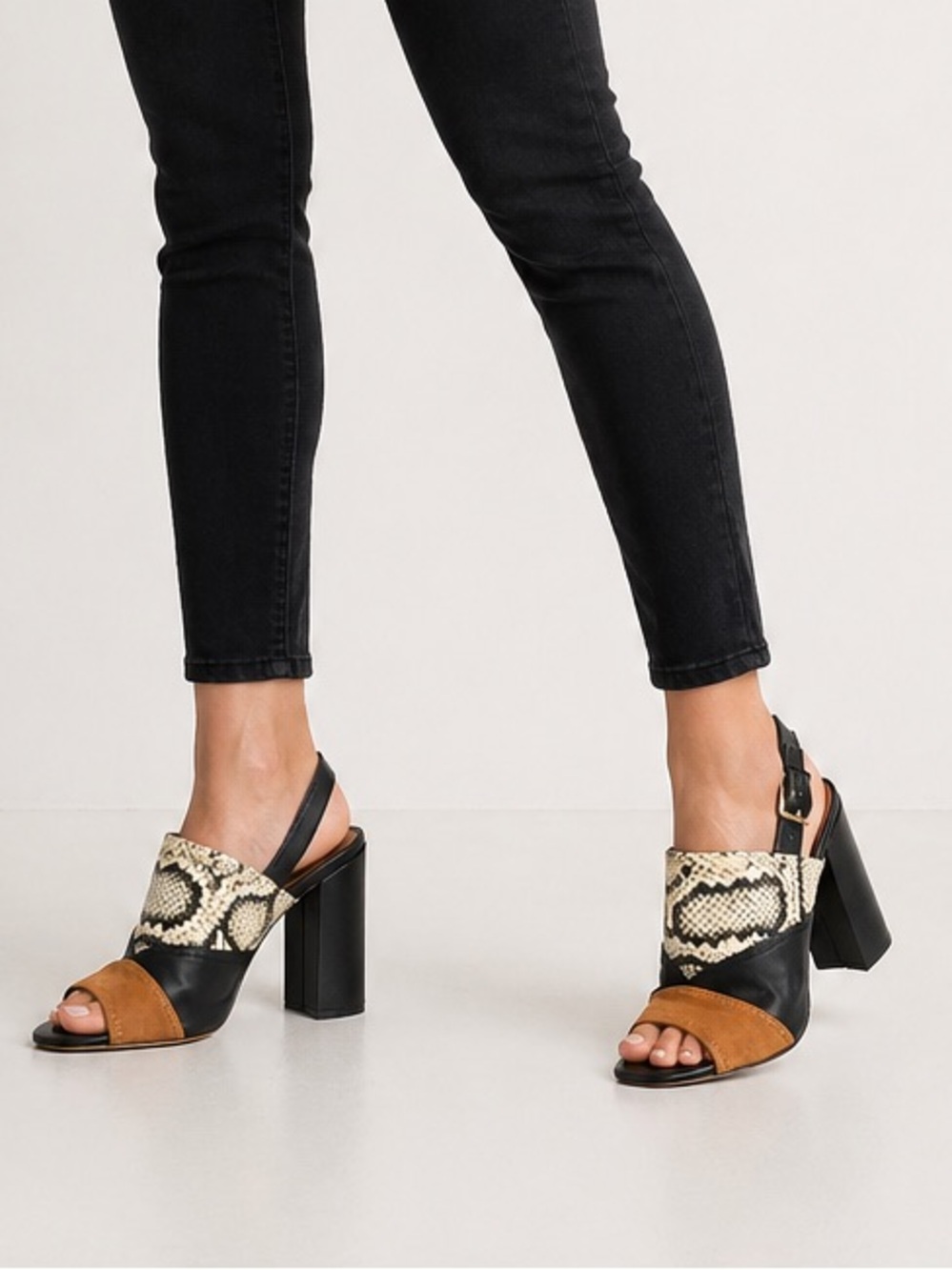 Cole Haan cognac black snake print chunky heeled sandals. Women's size 7.5